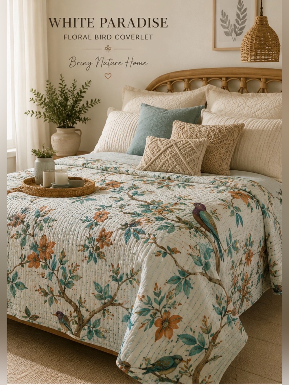 White Paradise Floral Bird Coverlet 108x90 Kantha Style Boho Quilt NEW
